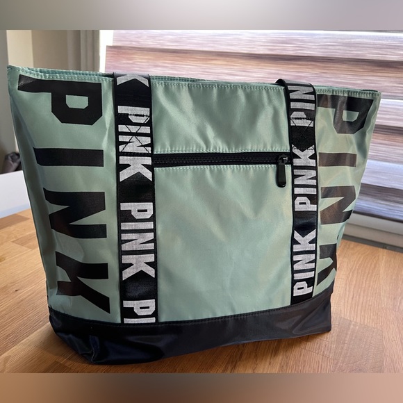 Pink by Victoria’s Secret, letter graphic tote bag, mint green & black, NWOT - Picture 4 of 12